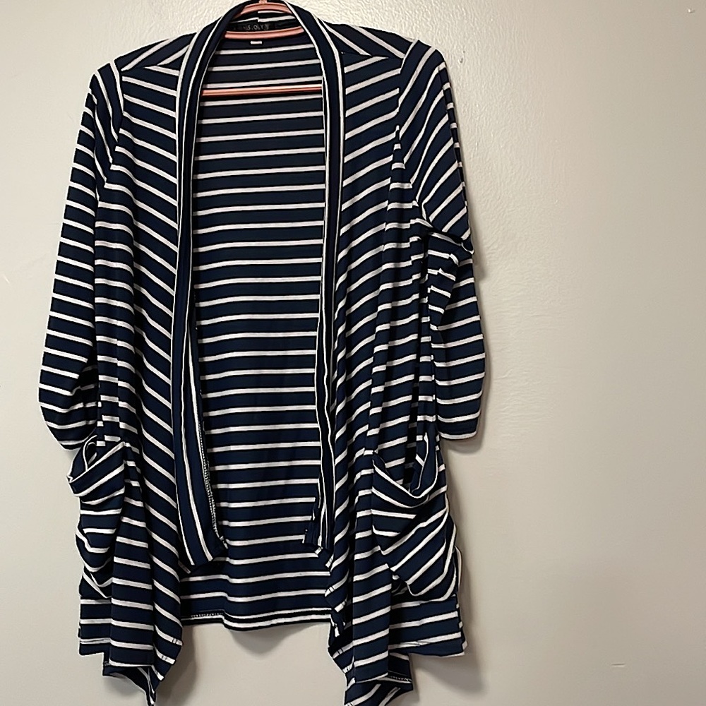 Open front cardigan. Navy and white striped